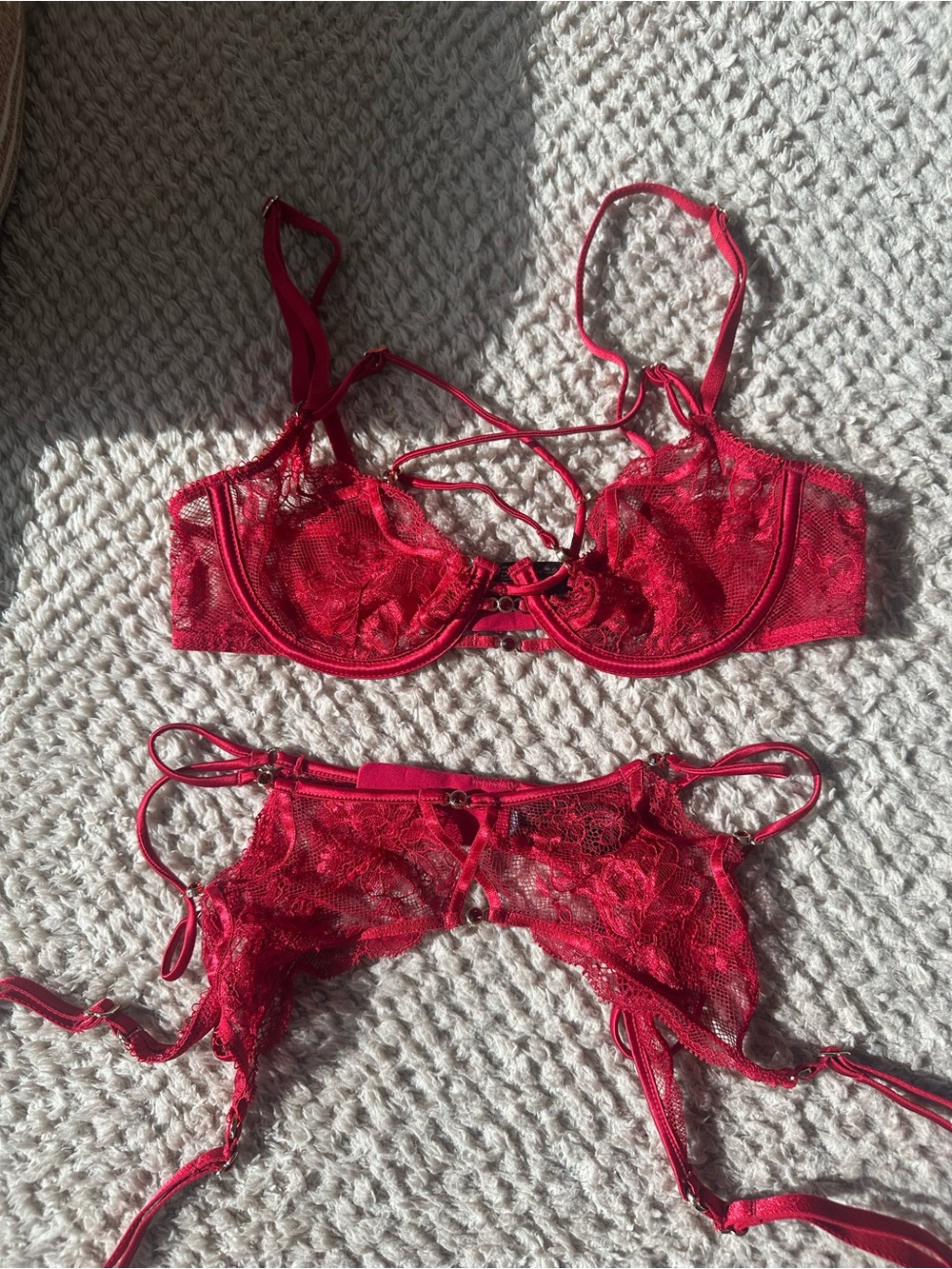 Honey Birdette Red Lace Underwire Bra & Garter Set